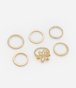 Kit 06 Anéis em Metal com Texturas e Flor Efeito Martelo