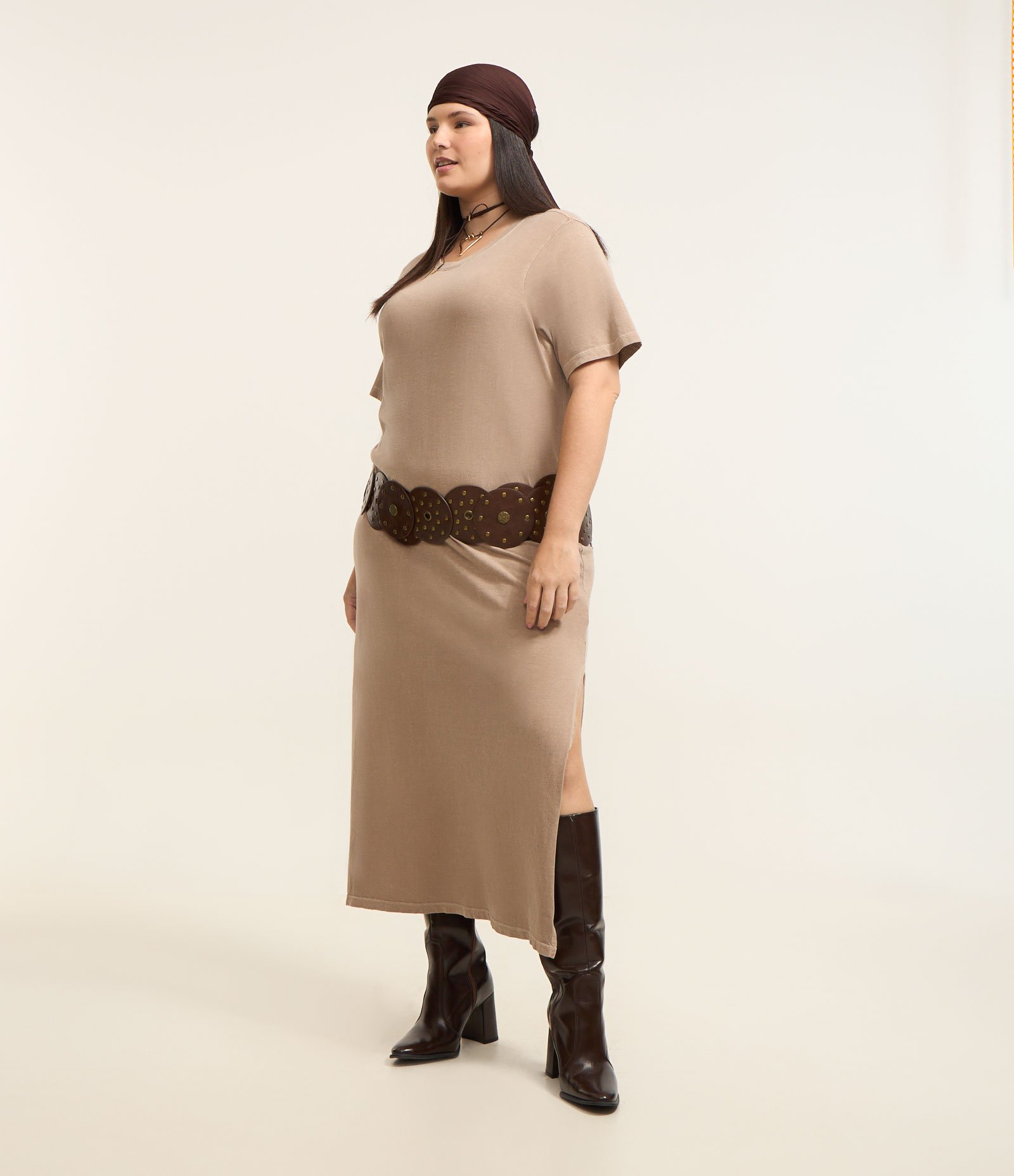 Vestido Midi em Algodão Efeito Estonado Curve & Plus Size Marrom 1