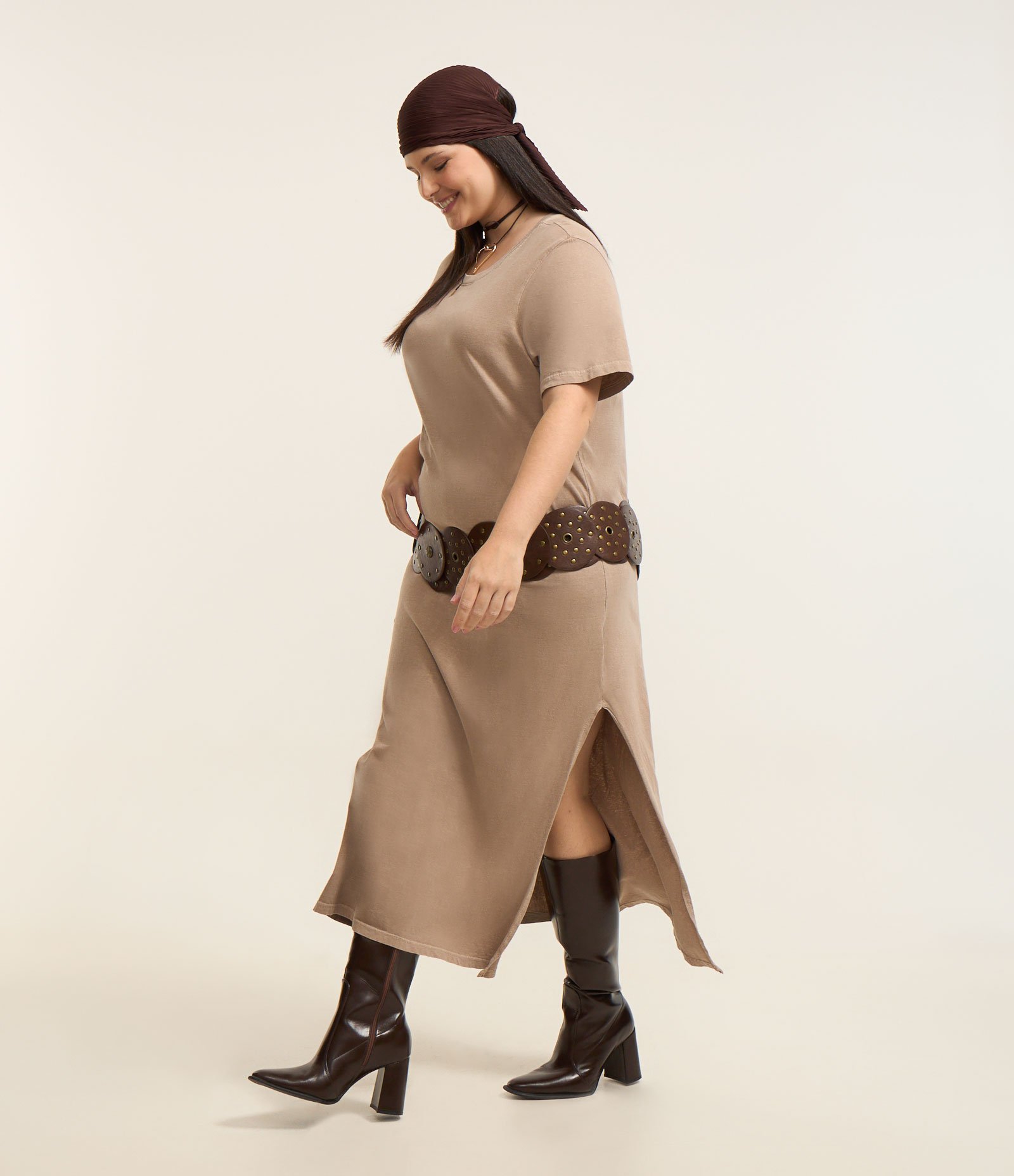 Vestido Midi em Algodão Efeito Estonado Curve & Plus Size Marrom 2