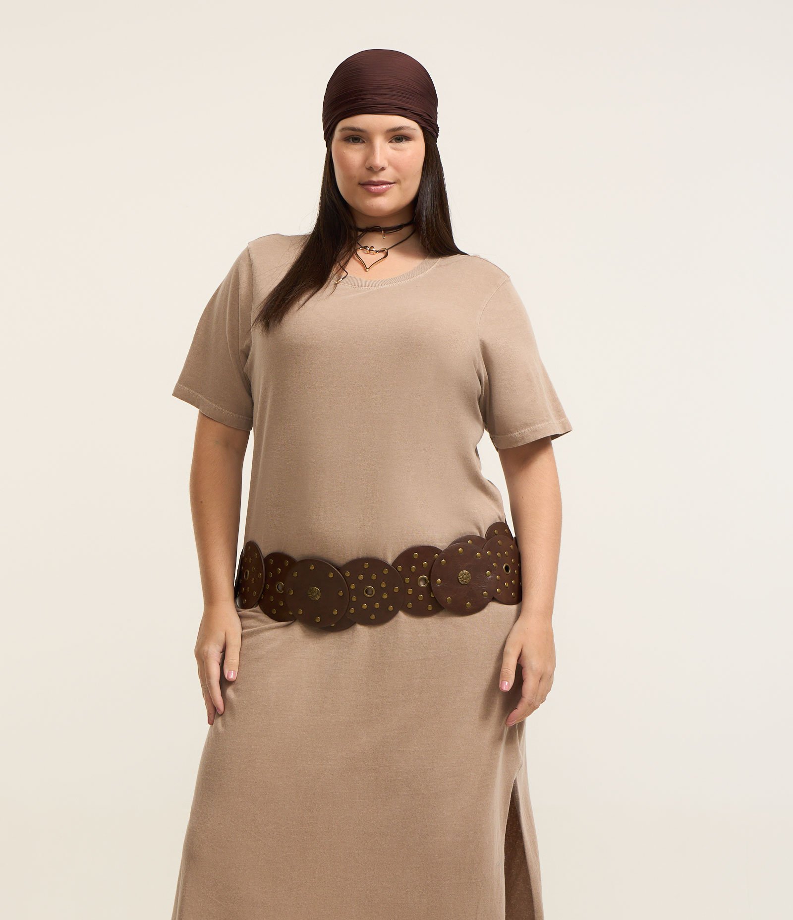 Vestido Midi em Algodão Efeito Estonado Curve & Plus Size Marrom 3