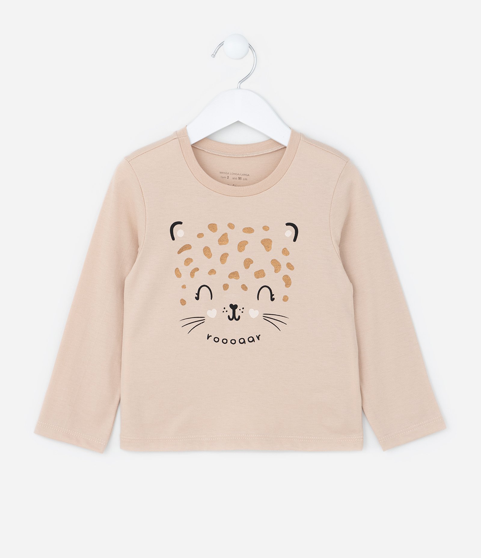 Blusa Infantil com Estampa Carinha de Onça - Tam 1 a 6 Anos Bege 1