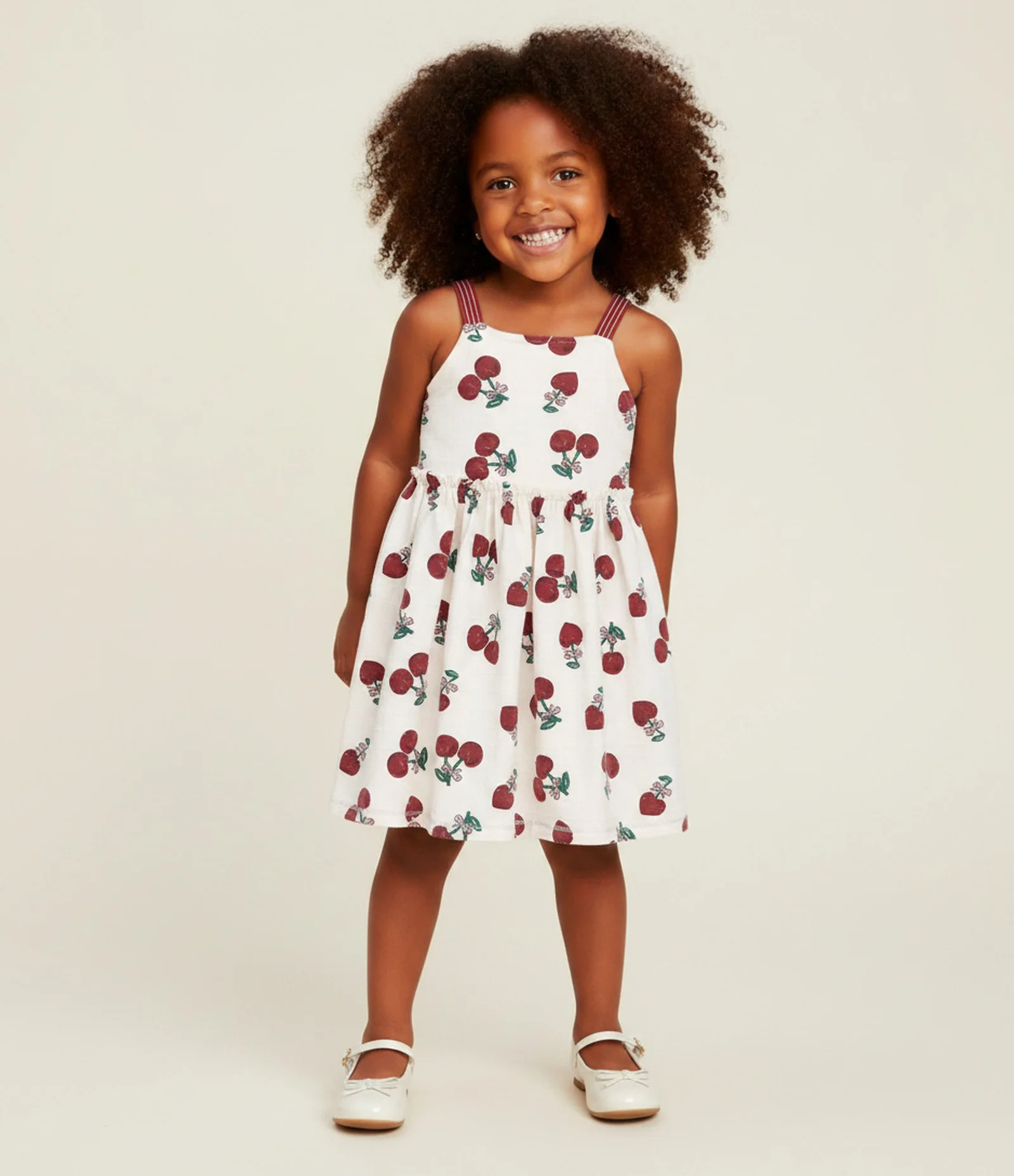 Vestido Infantil em Algodão com Estampa de Cerejas - Tam 1 a 6 Anos Off White/Vermelho 1