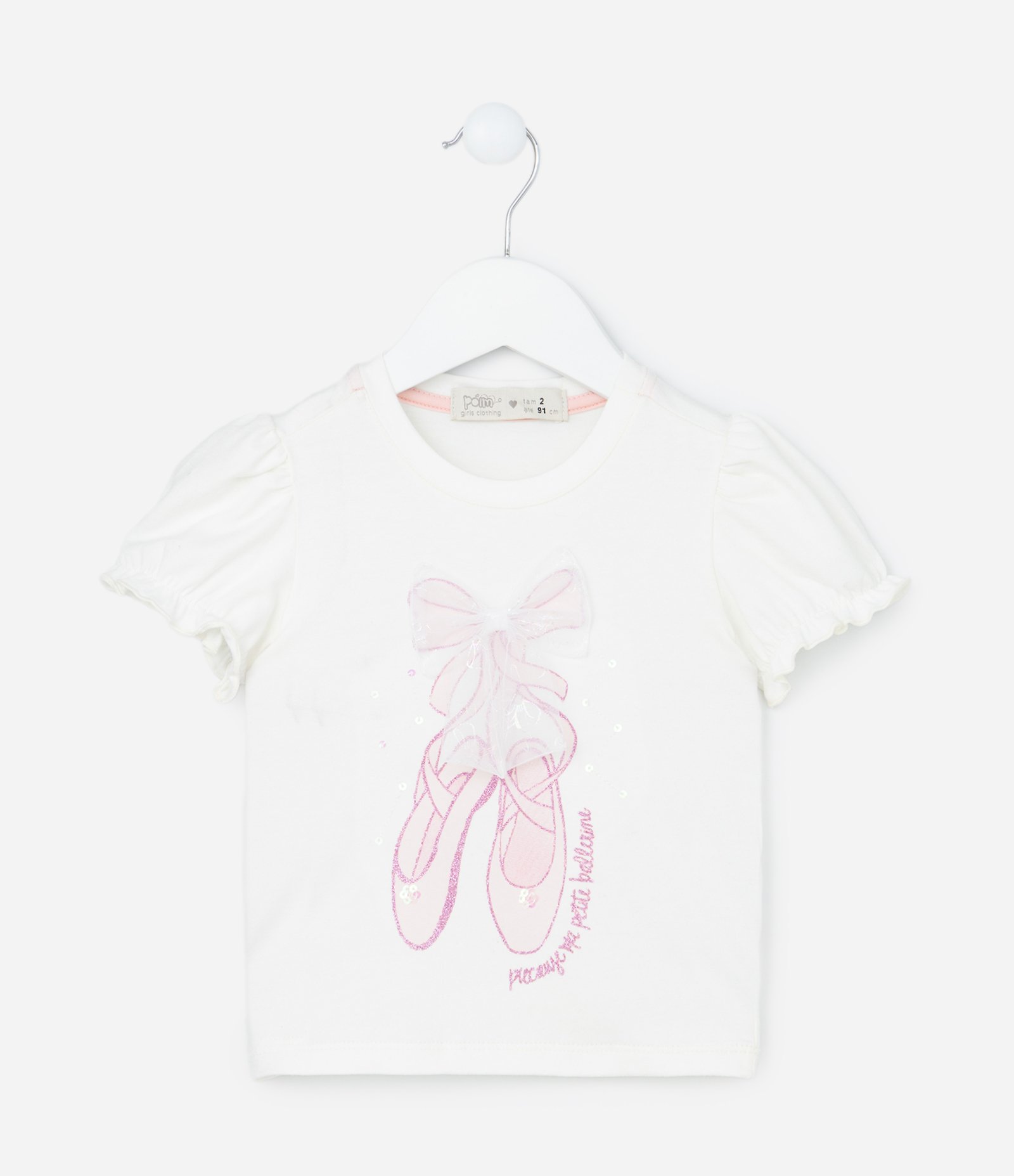 Blusa Infantil com Laço Aplicado e Estampa Sapatilha - Tam 1 a 6 Anos Branco 1