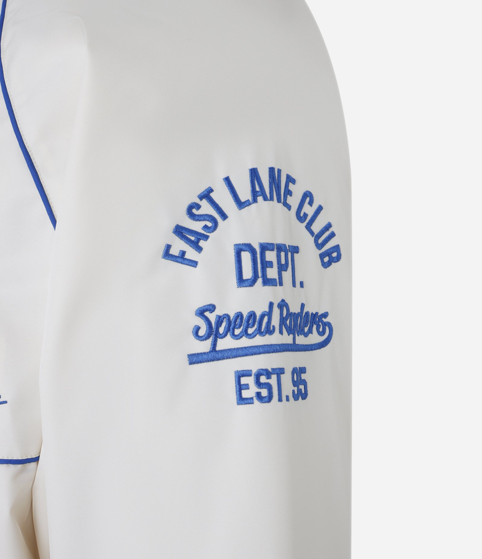 Jaqueta Bomber Racing com Estampa Lettering Bordada Branco 4