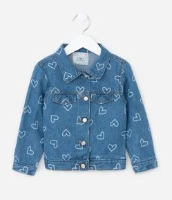 Jaqueta Infantil em Jeans com Estampa de Coração - Tam1 a 5/6 Anos