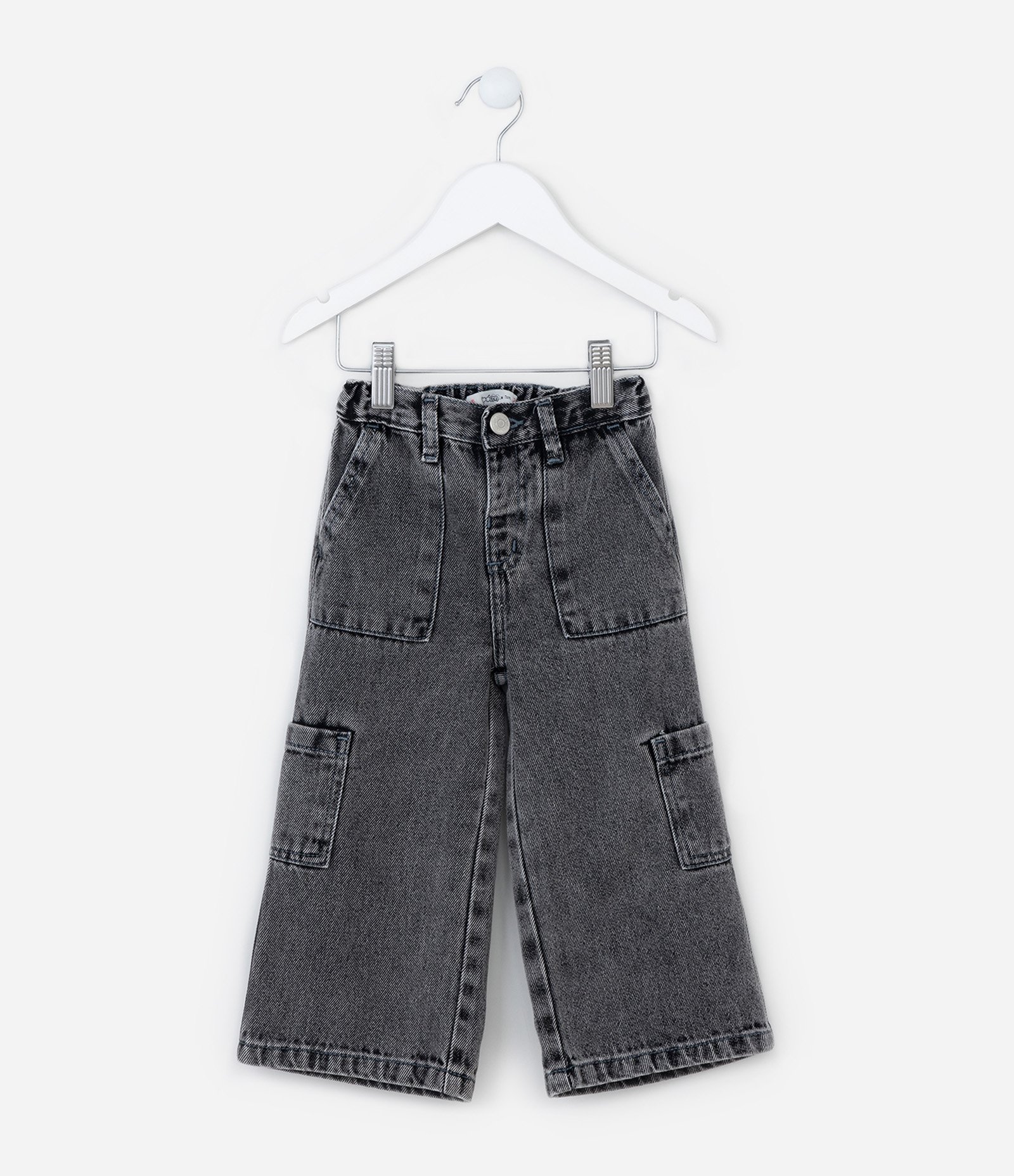 Calça Wide Leg Infantil em Jeans com Bolsos Cargo - Tam 1 a 6 Anos Cinza 1