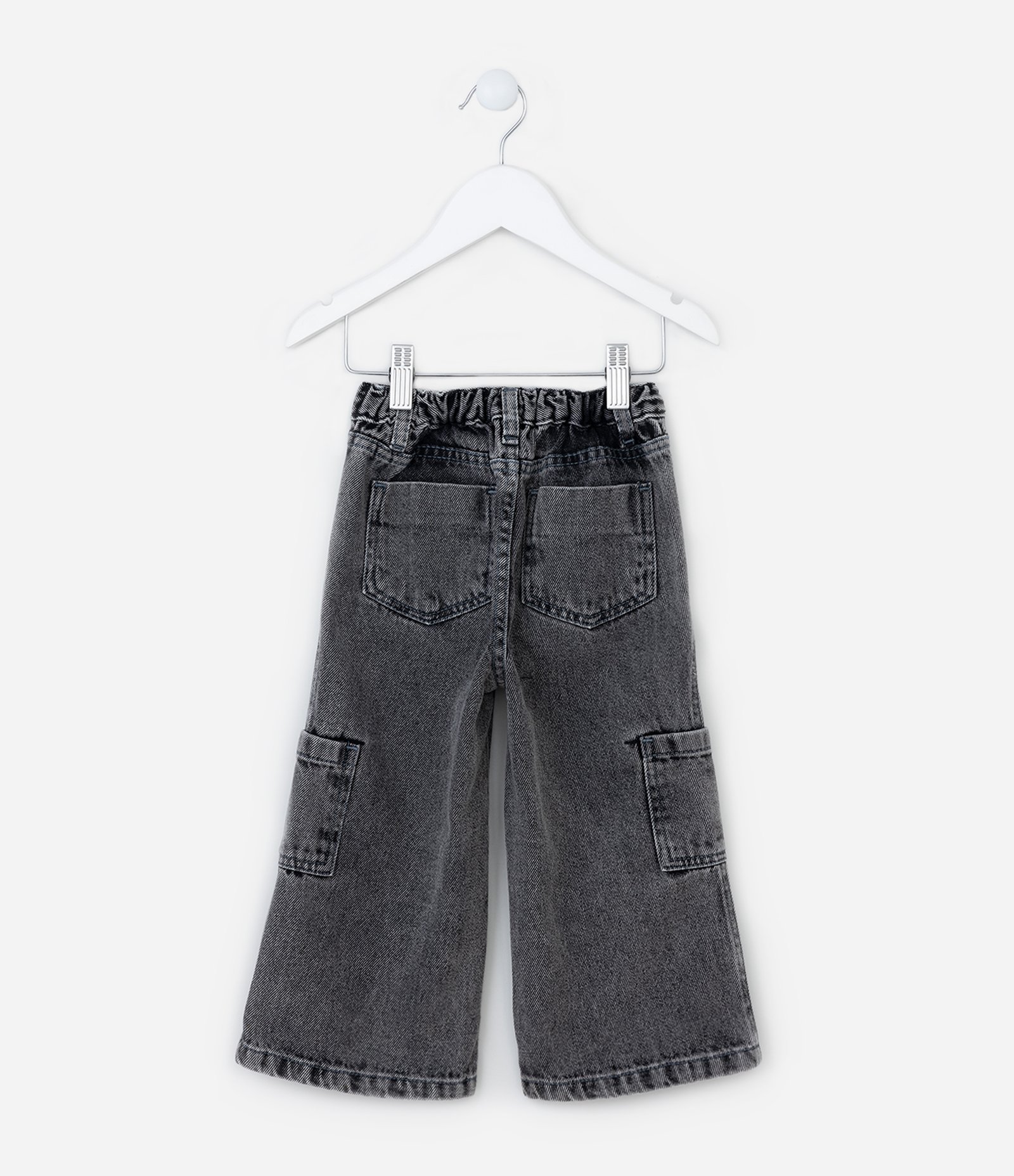 Calça Wide Leg Infantil em Jeans com Bolsos Cargo - Tam 1 a 6 Anos Cinza 2
