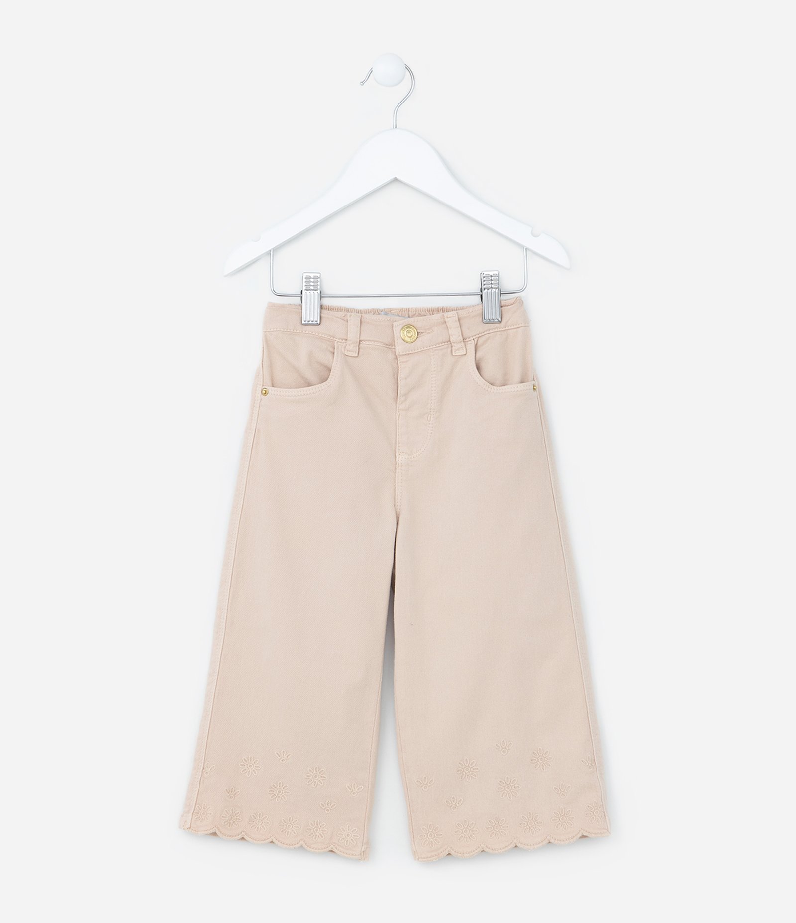 Calça Wide Leg Infantil com Bordado na Barra - Tam 1 a 6 Anos Bege 1
