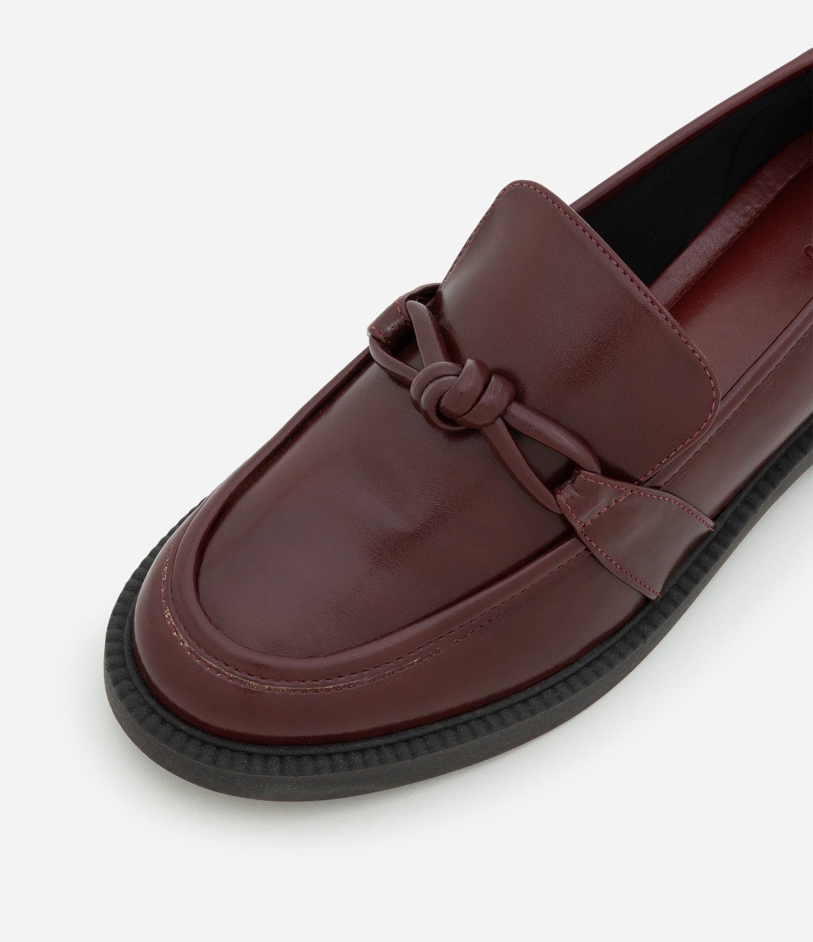 Sapato em PU Loafer com Enfeite de Nó Vermelho Vinho 5