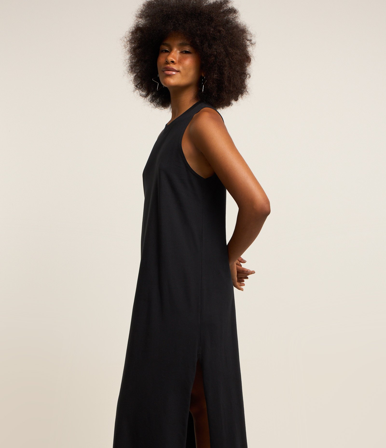 Vestido New Midi em Algodão e sem Manga Preto 2