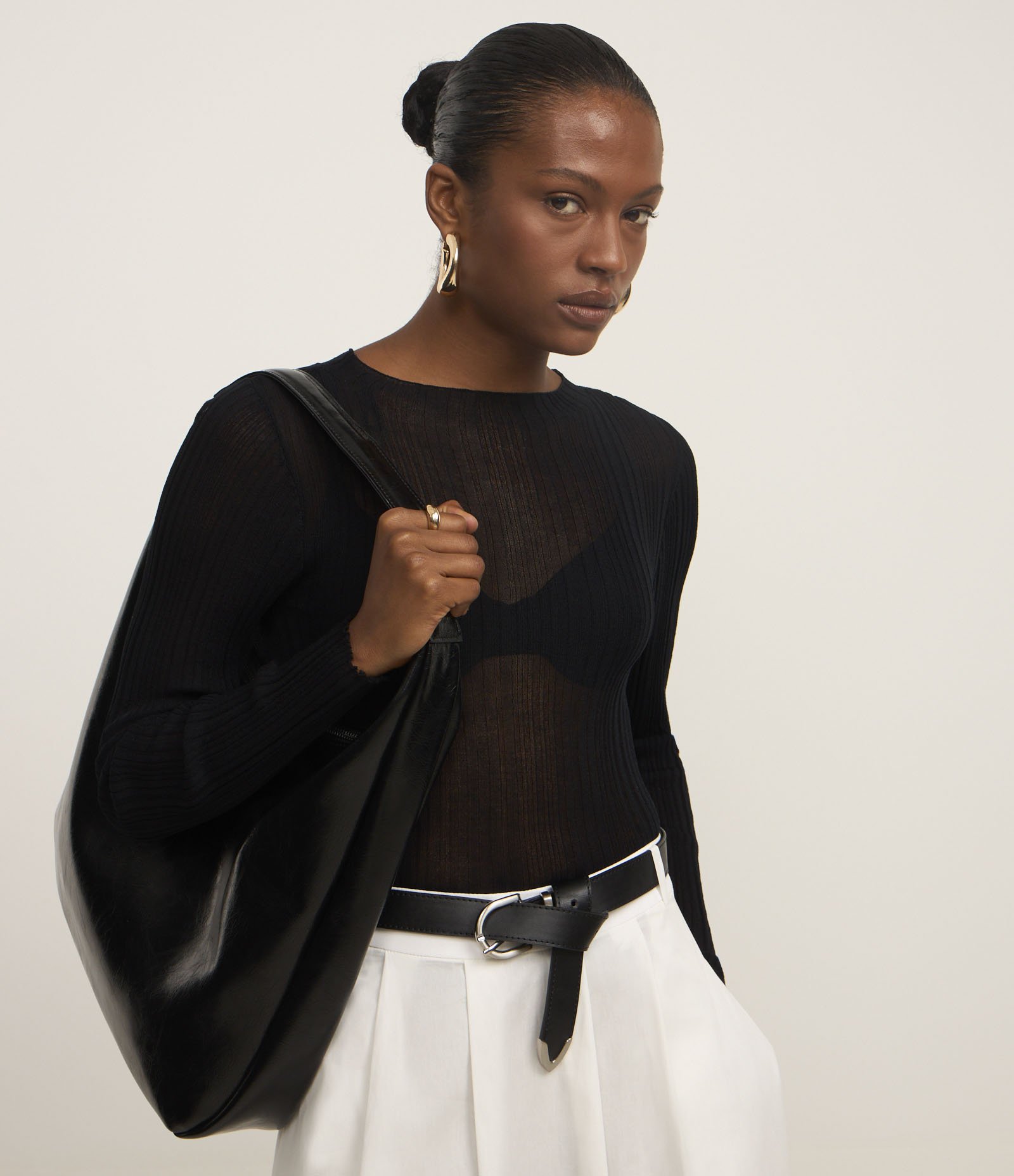 Blusa Tricô Canelada com Gola Alta Preto 1