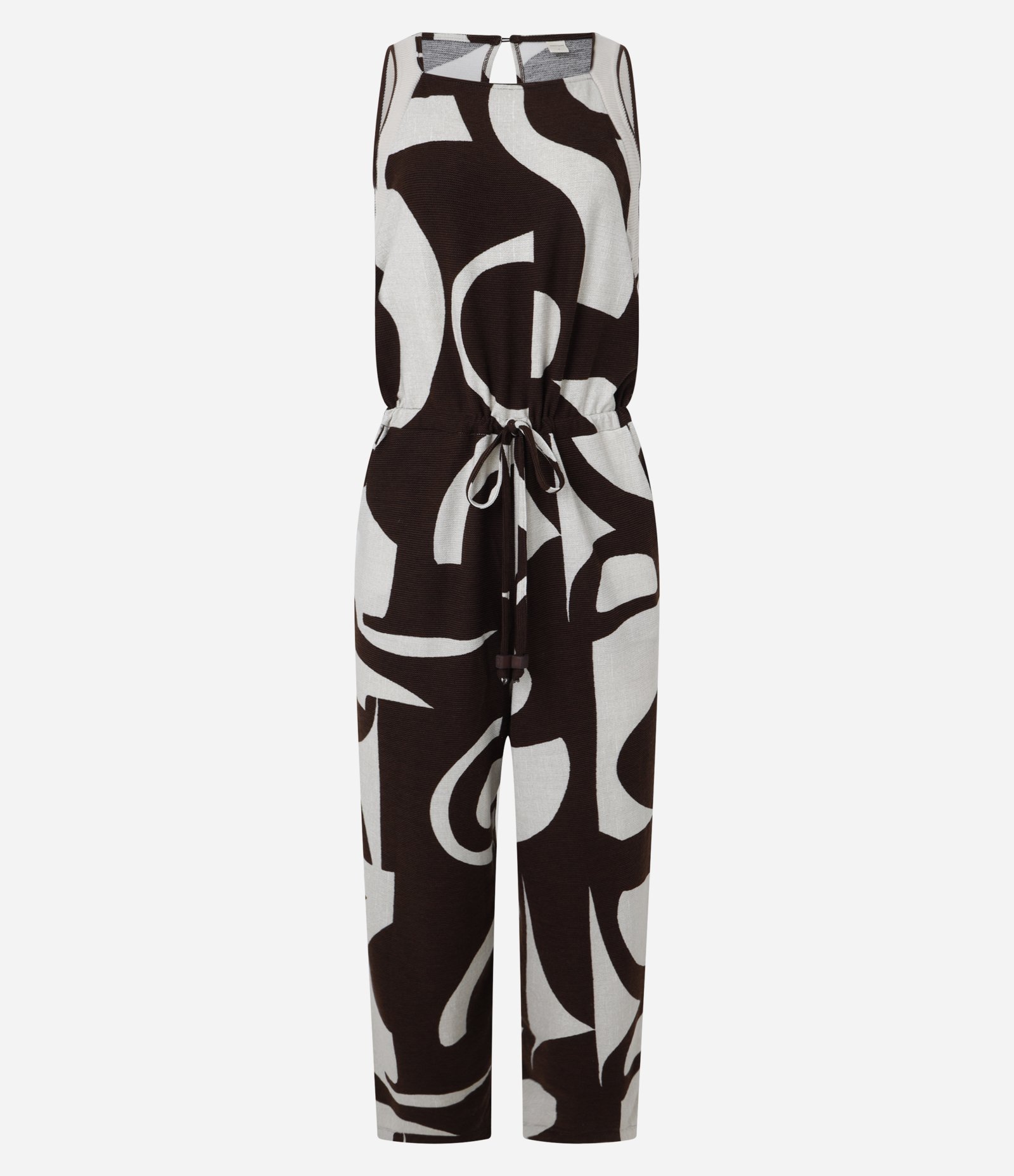 Macacão Reto em Viscose com Estampa Abstrata e Cava de Tricô Marrom/Off White 7