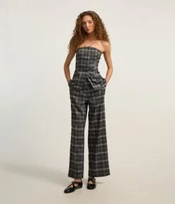 Calça Pantalona em Alfaiataria Xadrez com Cós Elástico