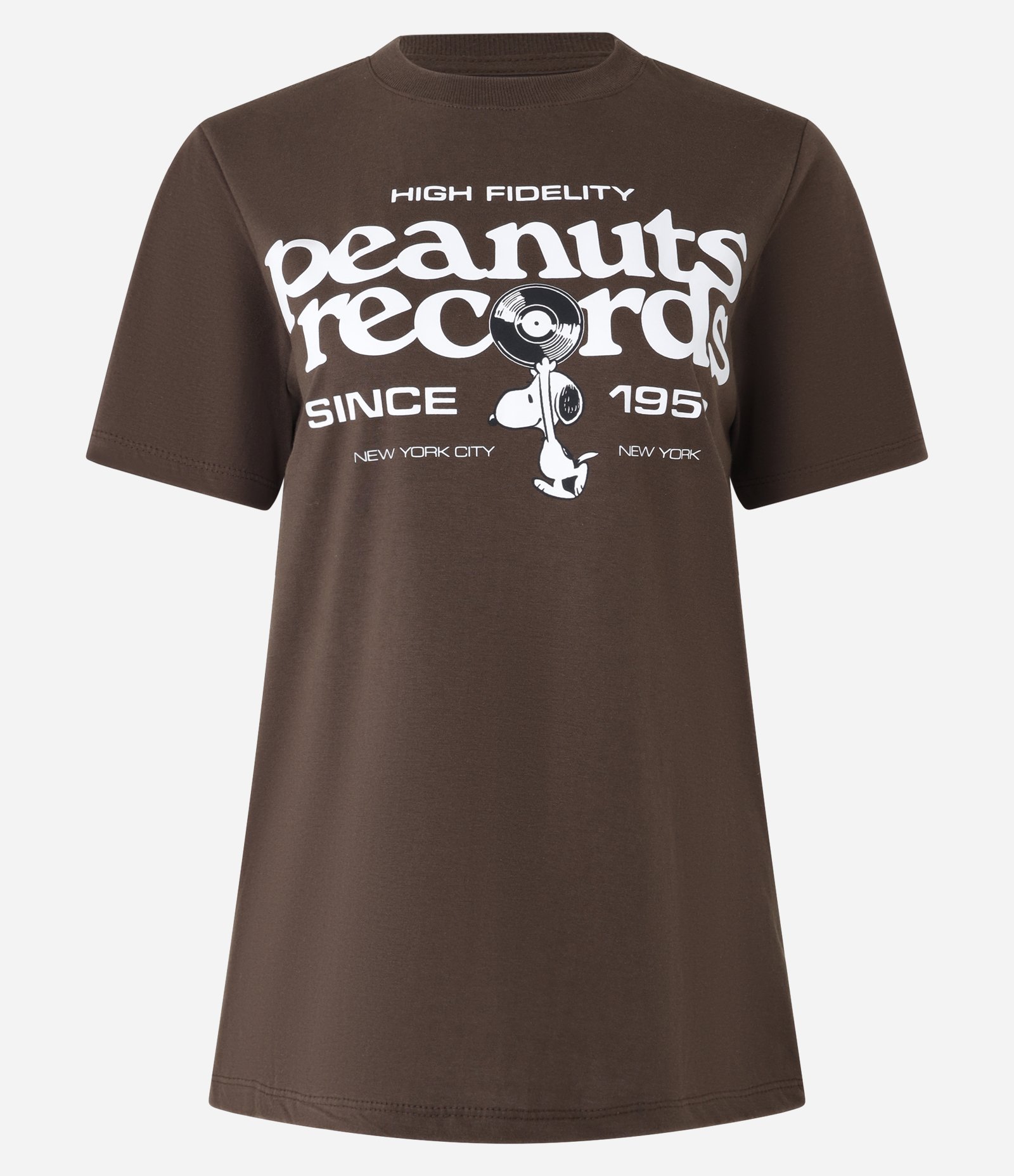 Camiseta Alongada em Algodão com Estampa Peanuts Records Marrom 4