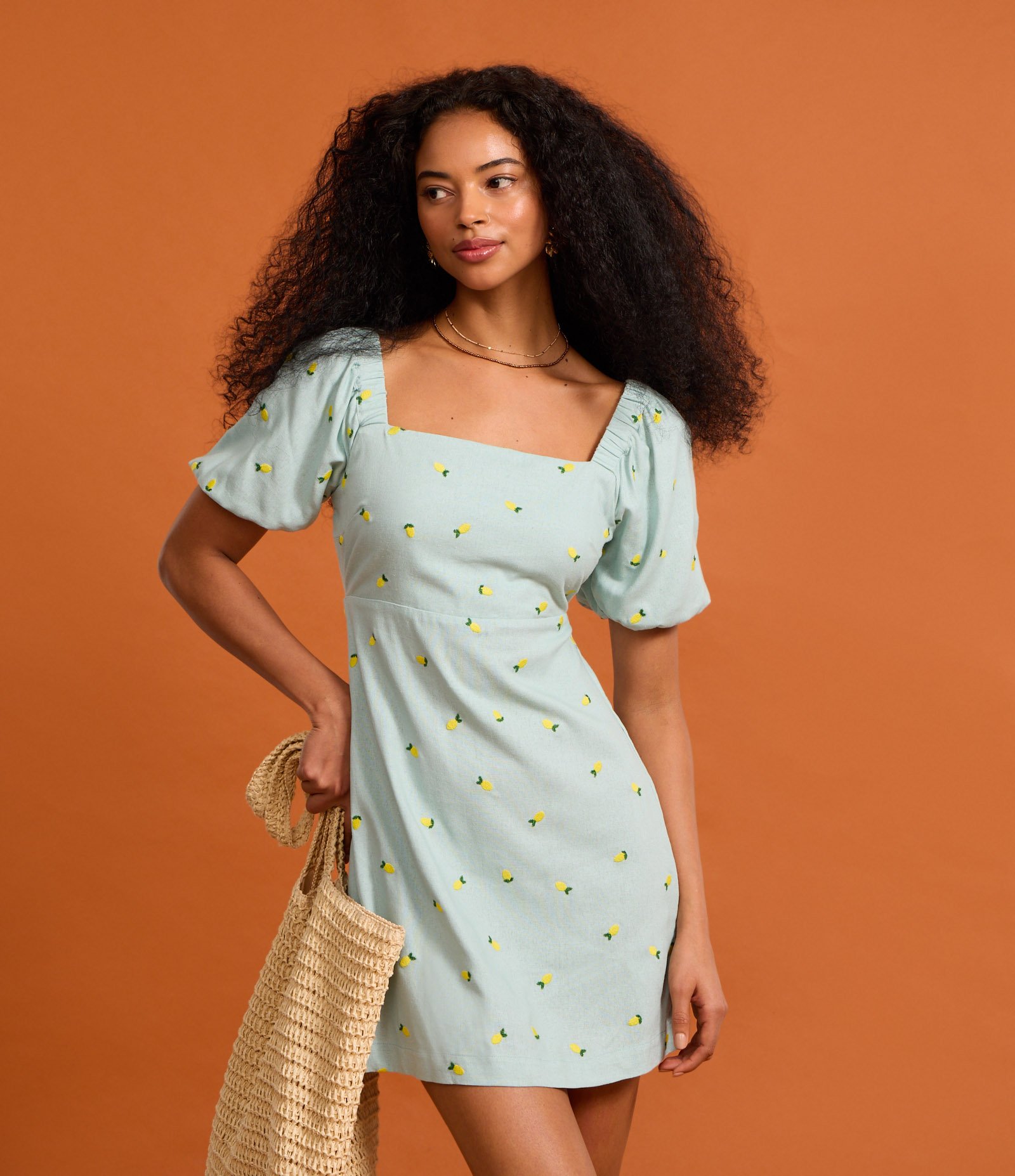 Vestido Curto em Viscolinho com Manga Bufante e Bordado Azul 5