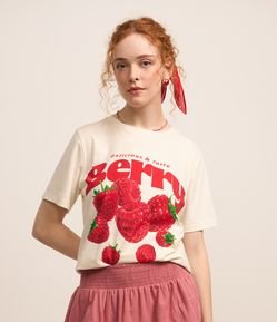 Camiseta Alongada em Algodão com Estampa de Framboesa