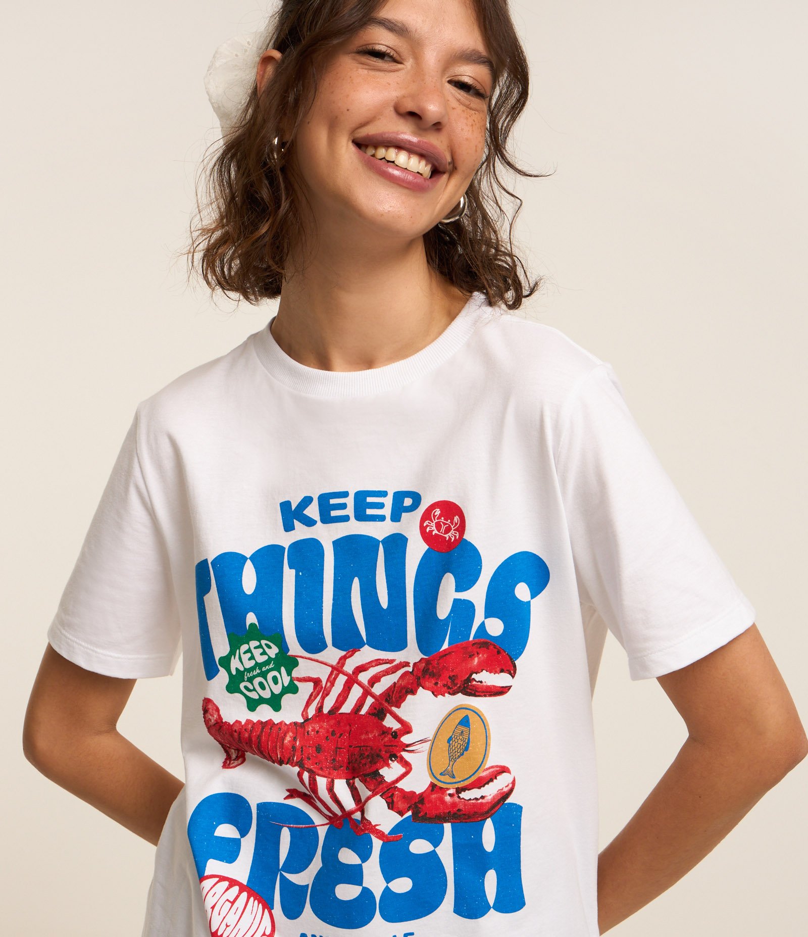 Camiseta Alongada em Algodão com Estampa Lagosta Things Fresh Branco 1