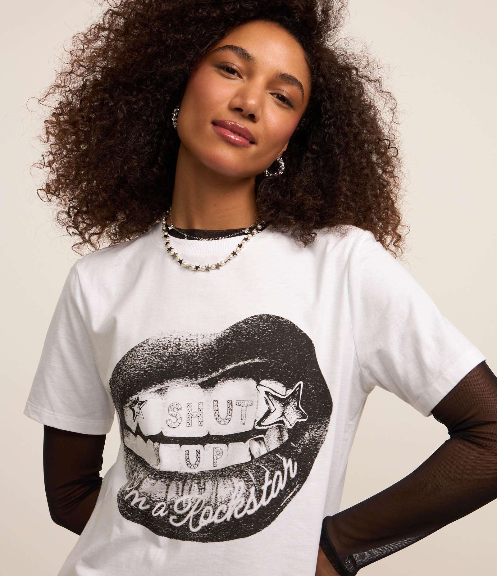 Camiseta Alongada em Algodão com Estampa Boca Branco 1