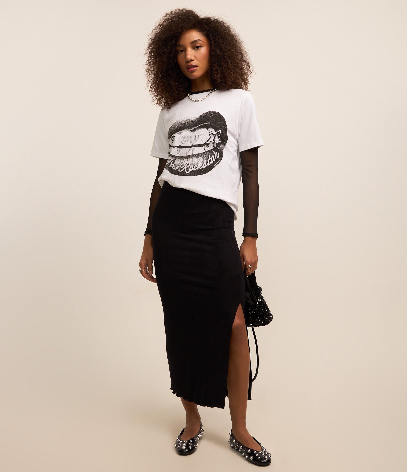 Camiseta Alongada em Algodão com Estampa Boca Branco 2