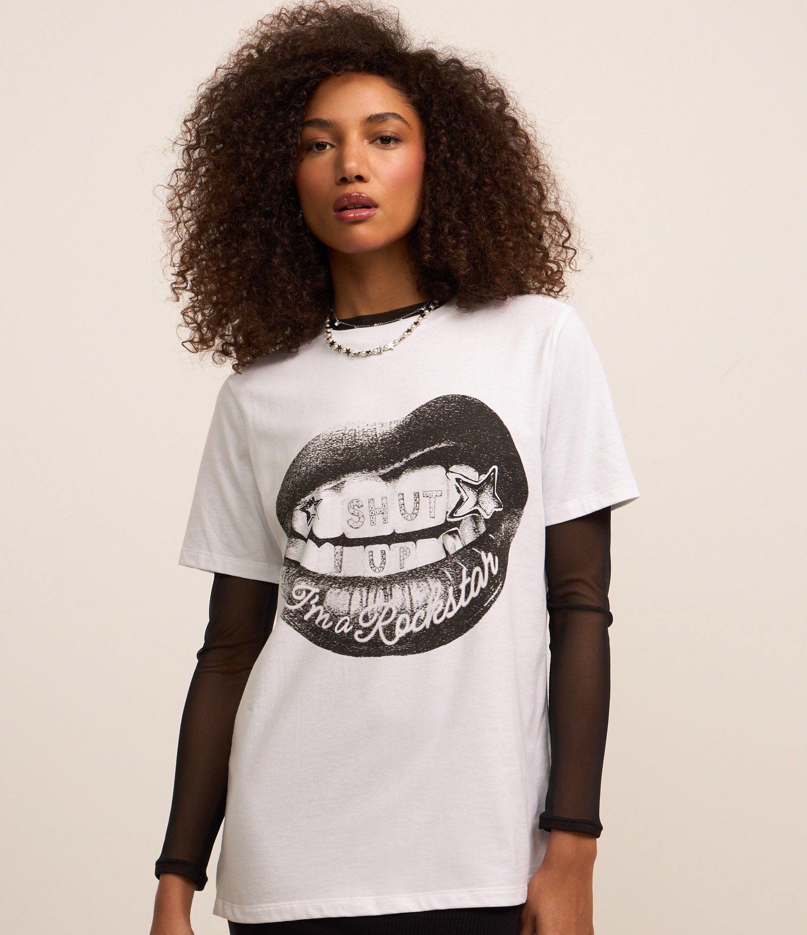 Camiseta Alongada em Algodão com Estampa Boca Branco 3