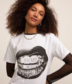 Camiseta Alongada em Algodão com Estampa Boca