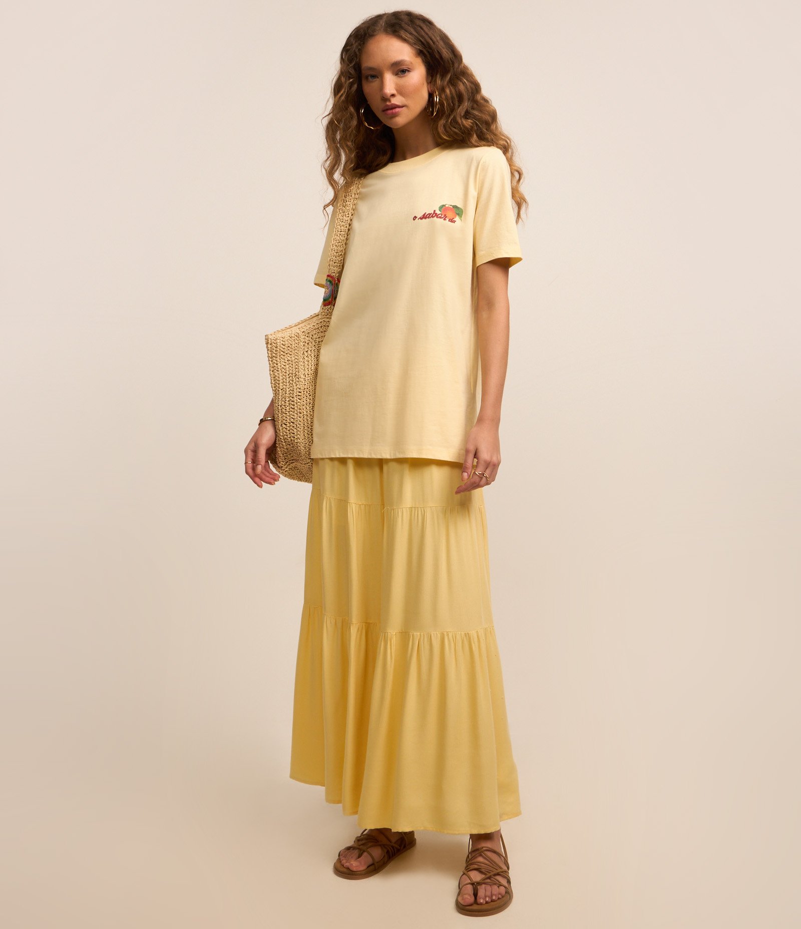 Camiseta Alongada em Algodão com Estampa Laranjinha Bege 2