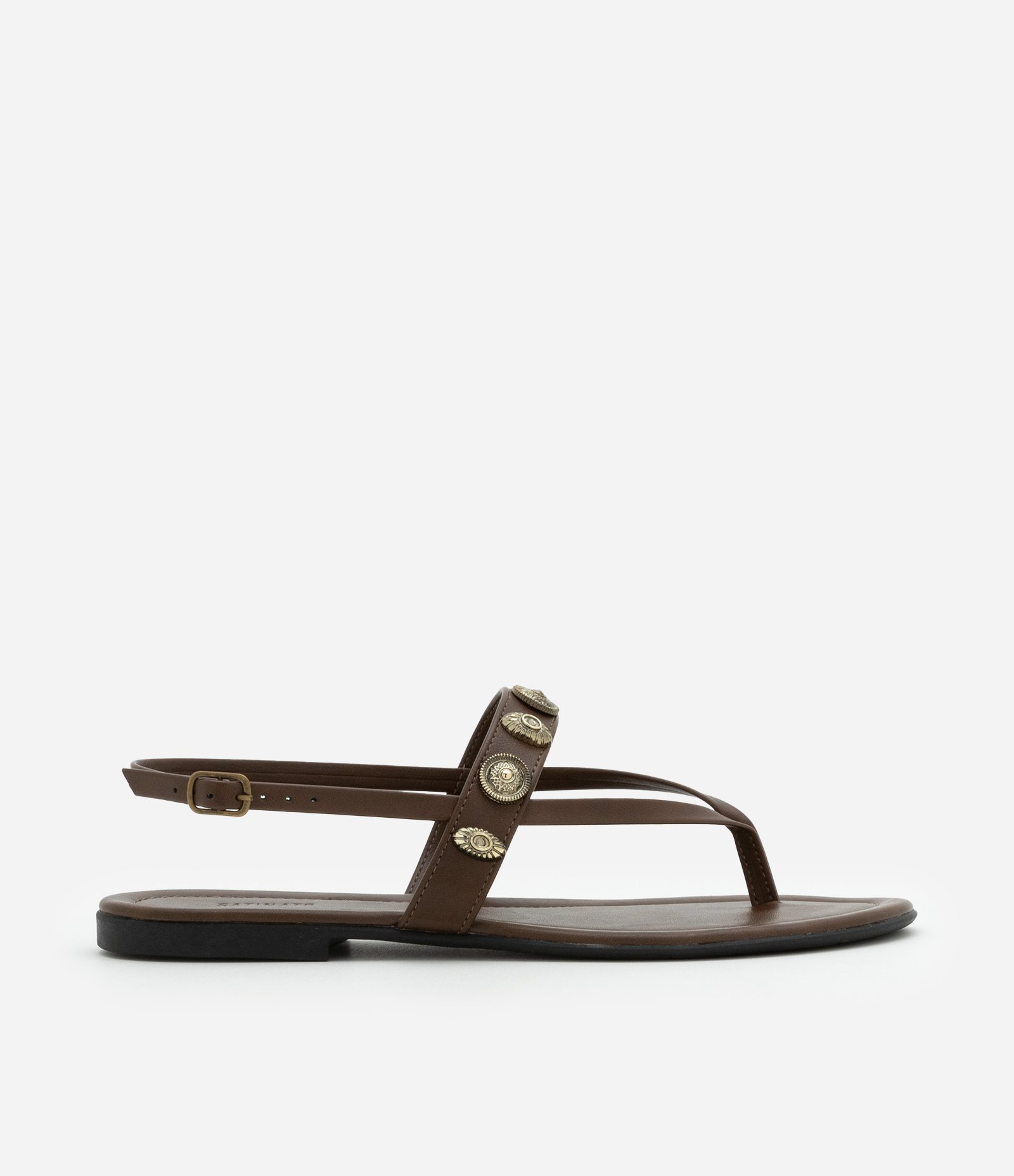 Sandália Rasteira em PU com Aviamentos Boho Marrom 1