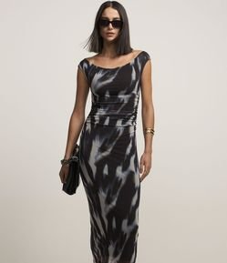 Vestido Midi Ombro a Ombro com Tule Estampado e Drapeado frontal