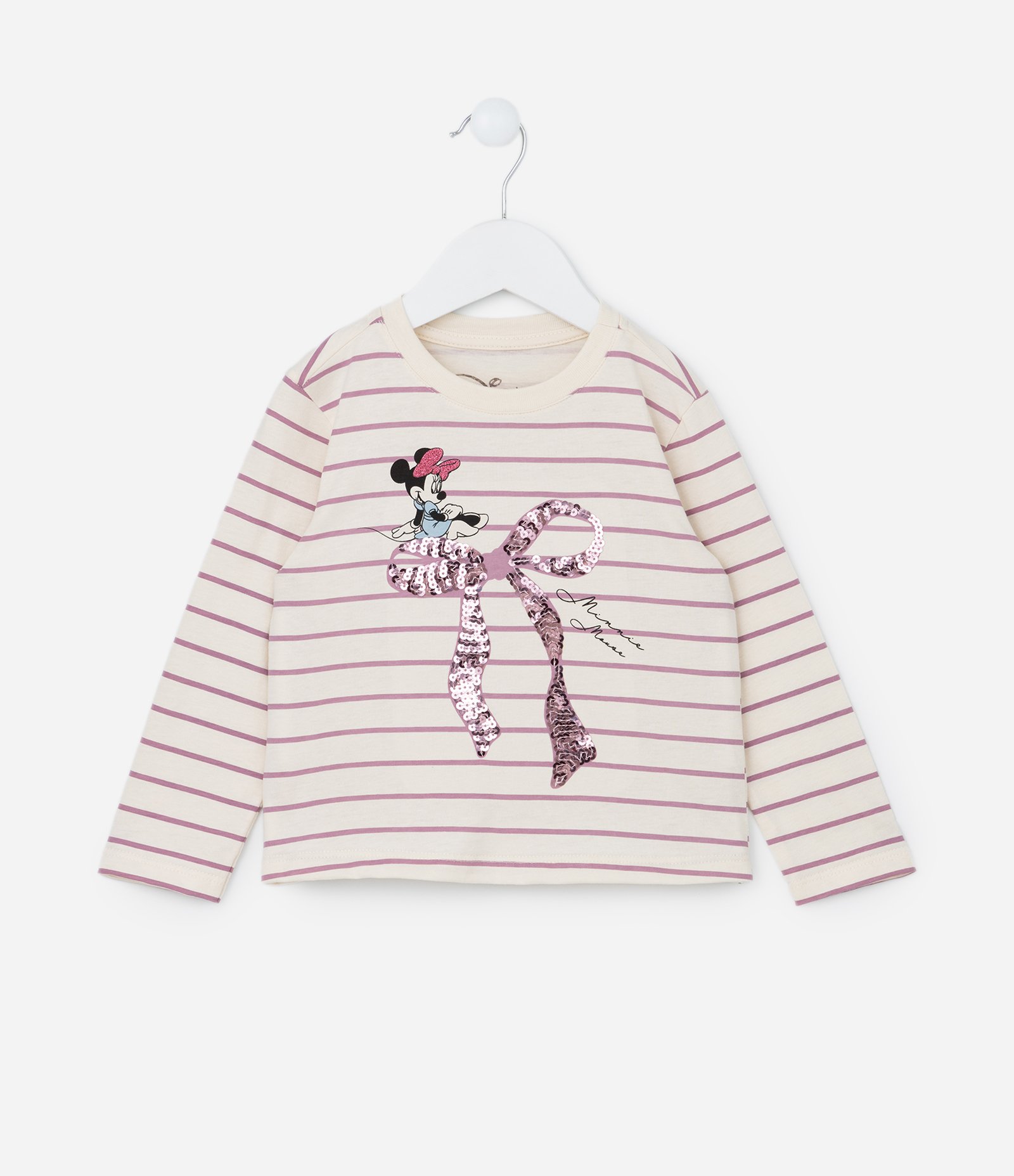 Camiseta Infantil com Estampa de Listras e Minnie - Tam 2 a 6 Anos Bege/Rosa 1