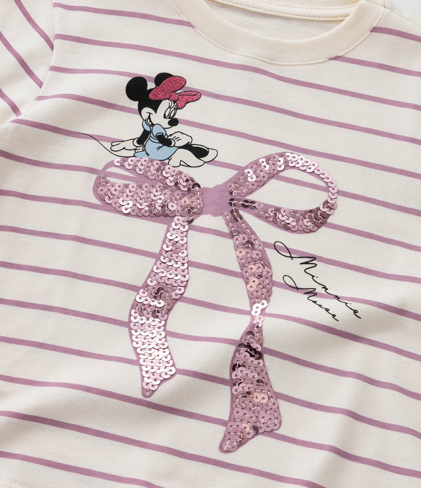Camiseta Infantil com Estampa de Listras e Minnie - Tam 2 a 6 Anos Bege/Rosa 5