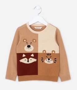 Suéter Infantil com Estampa Carinhas de Bicho - Tam 1 a 5 Anos