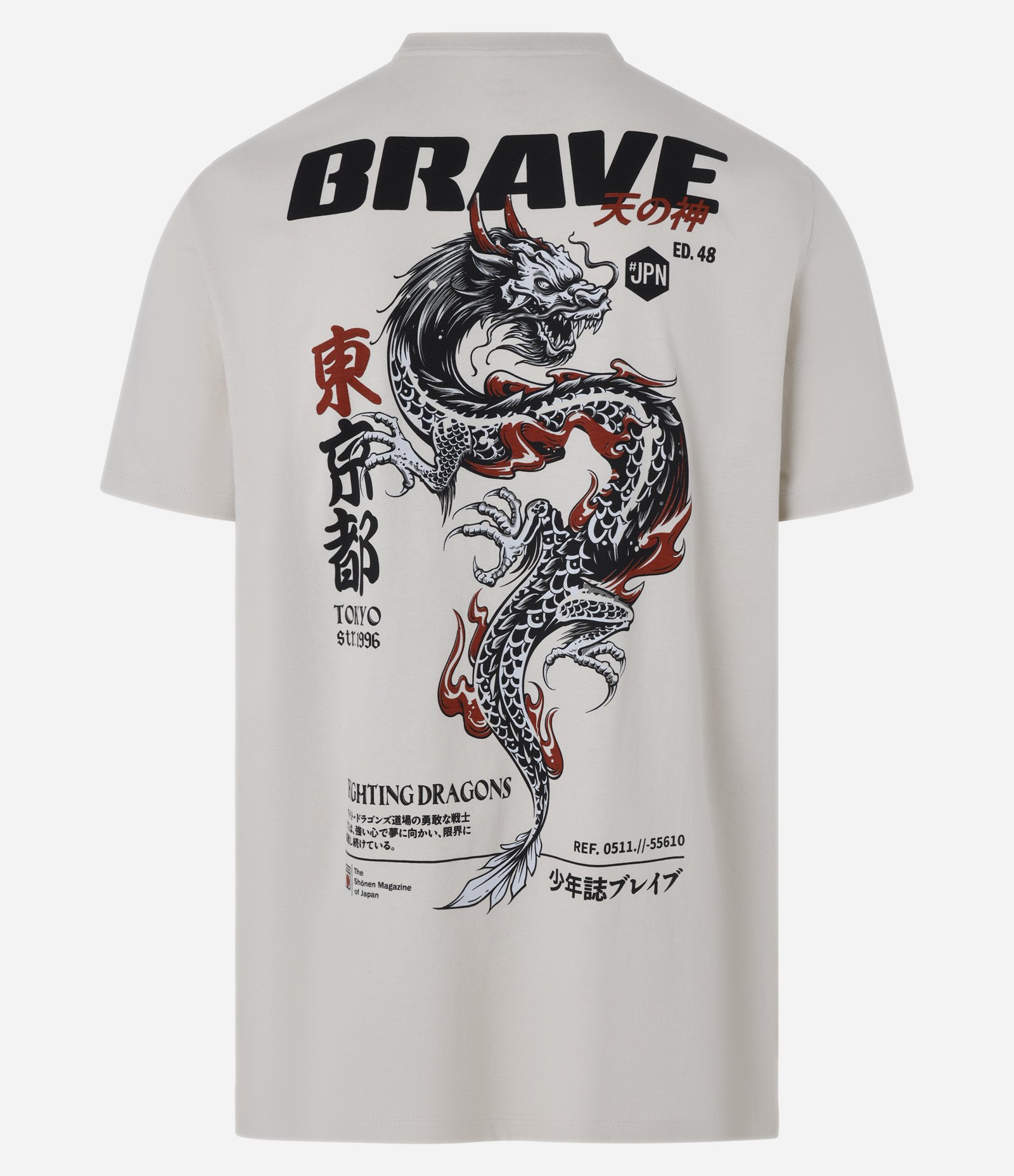 Camiseta Regular em Algodão com Estampa de Dragão Oriental Bege 6