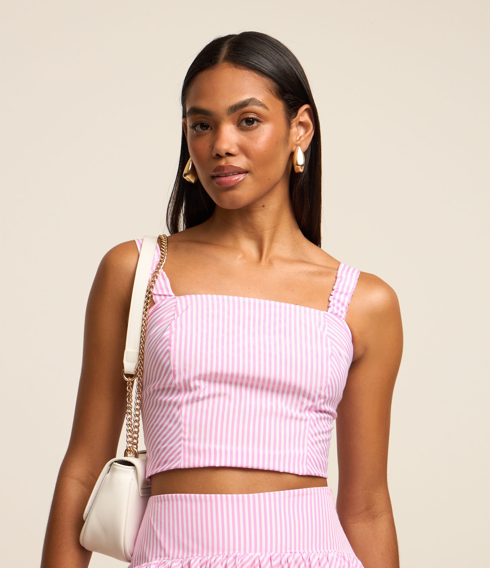Blusa Cropped em Tricoline Listrada Rosa 1