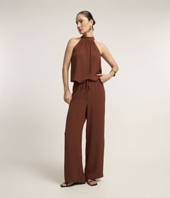 Calça Pantalona em Airflow com Cós Elástico e Amarração