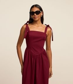 Vestido Midi Evasê em Tricoline com Cintura em V e Alças de Amarração