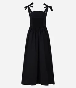Vestido Midi Evasê em Tricoline com Cintura em V e Alças de Amarração