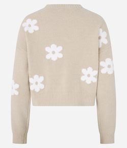 Suéter Curto em Chenille Jacquard com Cava Deslocada e Estampa de Flores