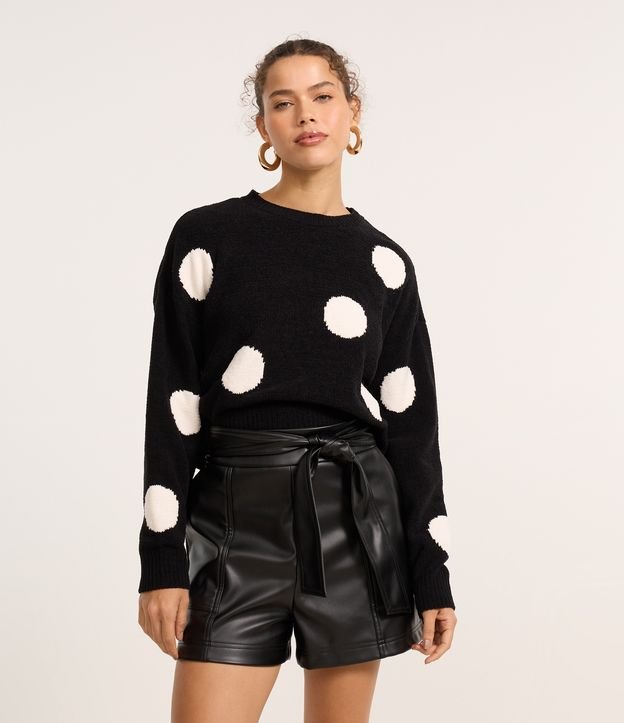 Suéter Curto em Chenille Jacquard com Cava Deslocada e Estampa Poá