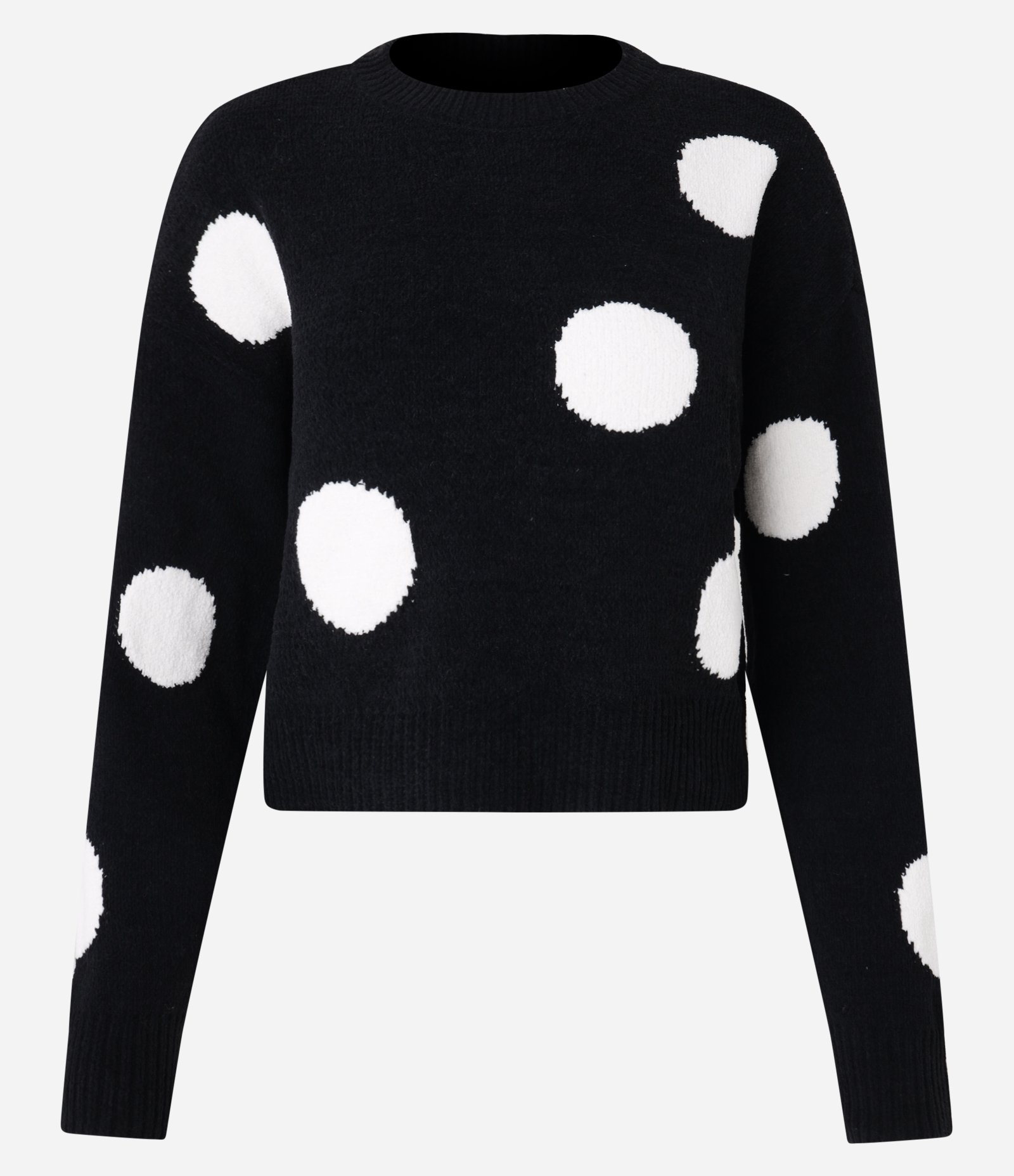 Suéter Curto em Chenille Jacquard com Cava Deslocada e Estampa Poá Preto 1