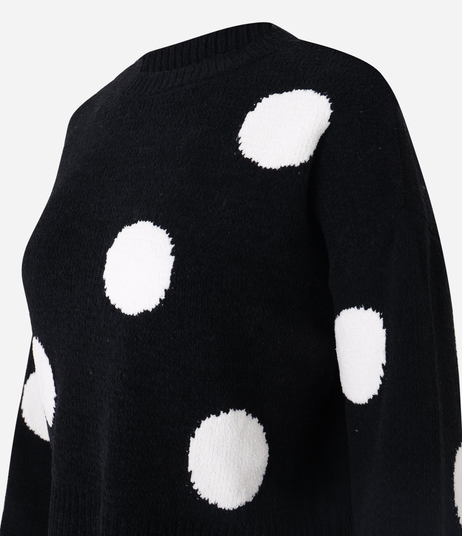 Suéter Curto em Chenille Jacquard com Cava Deslocada e Estampa Poá Preto 2