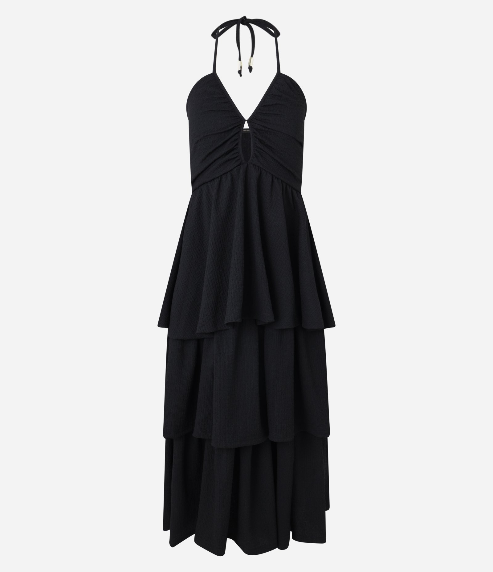 Vestido Evasê Midi Frente Única com Babados na Saia Preto 8