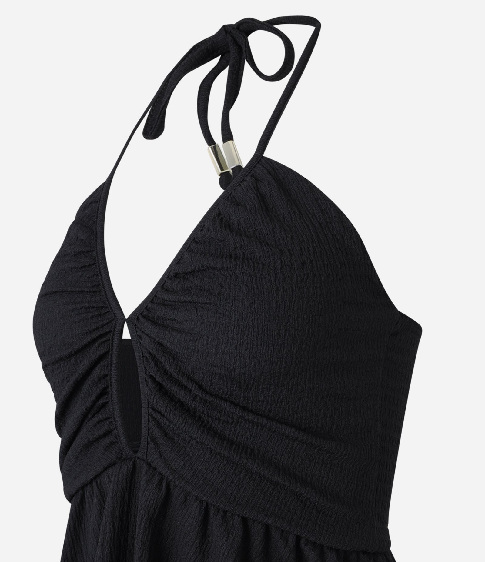 Vestido Evasê Midi Frente Única com Babados na Saia Preto 9