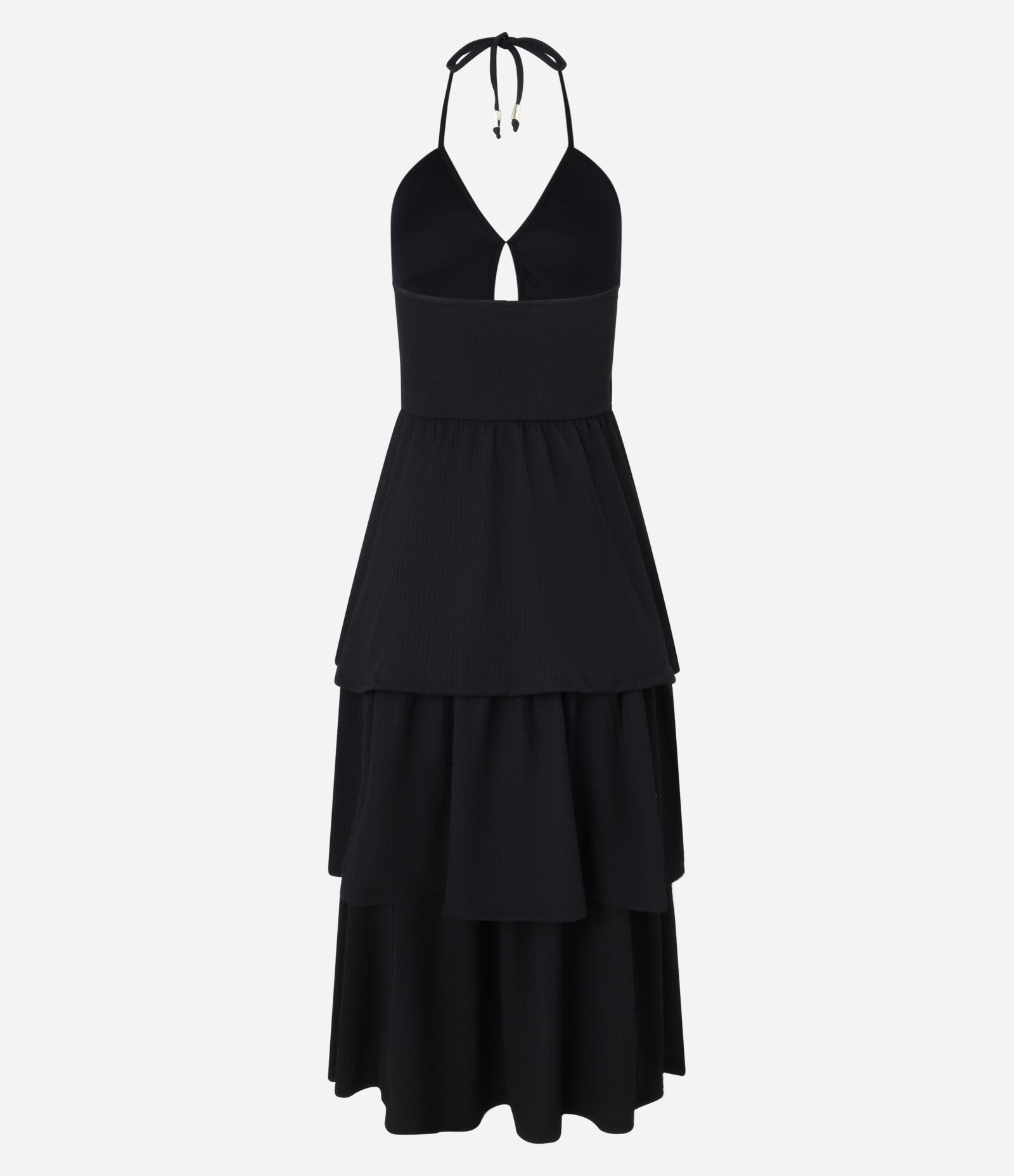 Vestido Evasê Midi Frente Única com Babados na Saia Preto 10