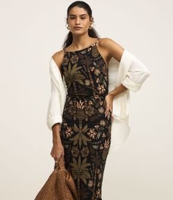 Vestido Midi de Alça em Ribana com Estampa Folhagem