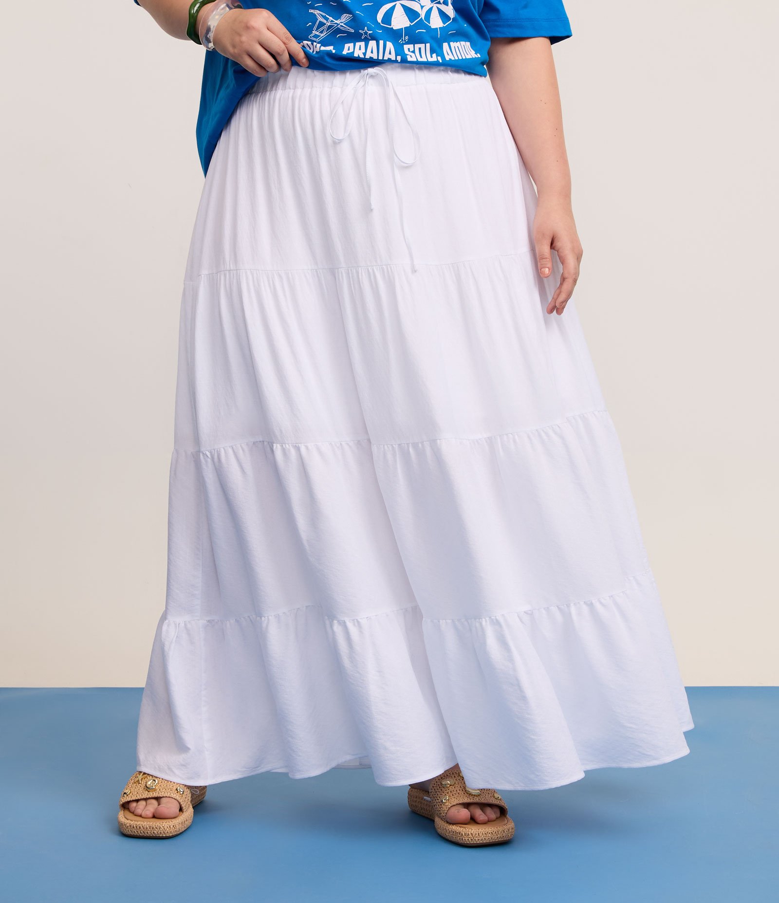 Saia Longa em Chalis com Cós Elástico Curve & Plus Size Branco 3