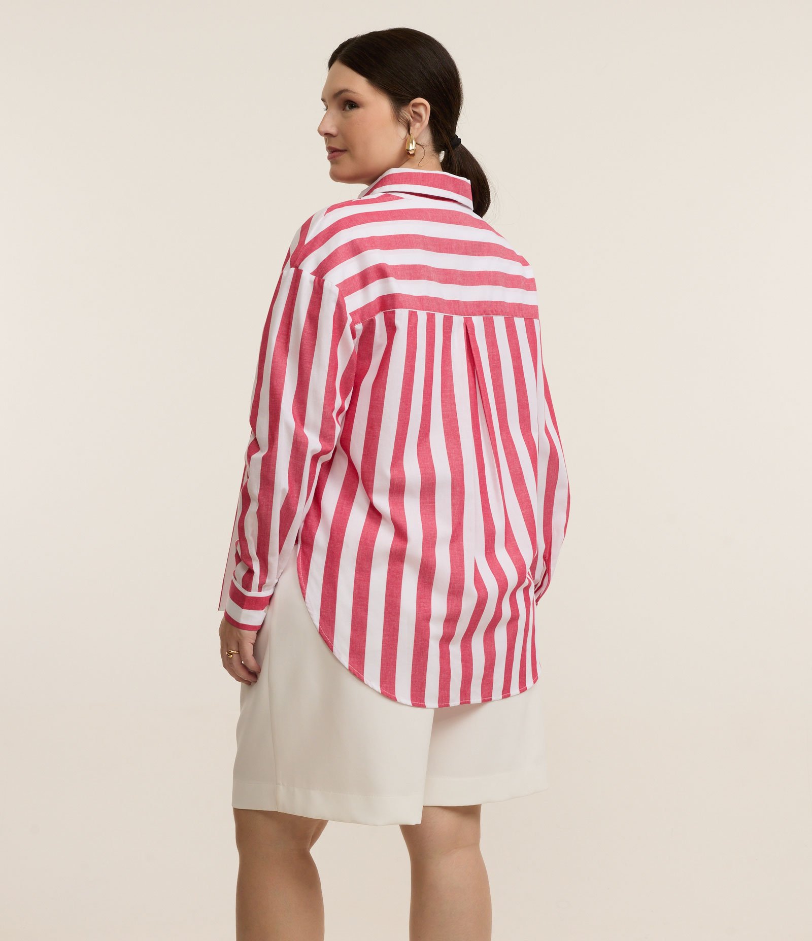 Camisa em Tricoline Listrada Curve & Plus Size Vermelho/Branco 3