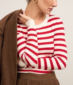 Suéter Listrado em Tricô com Gola Redonda