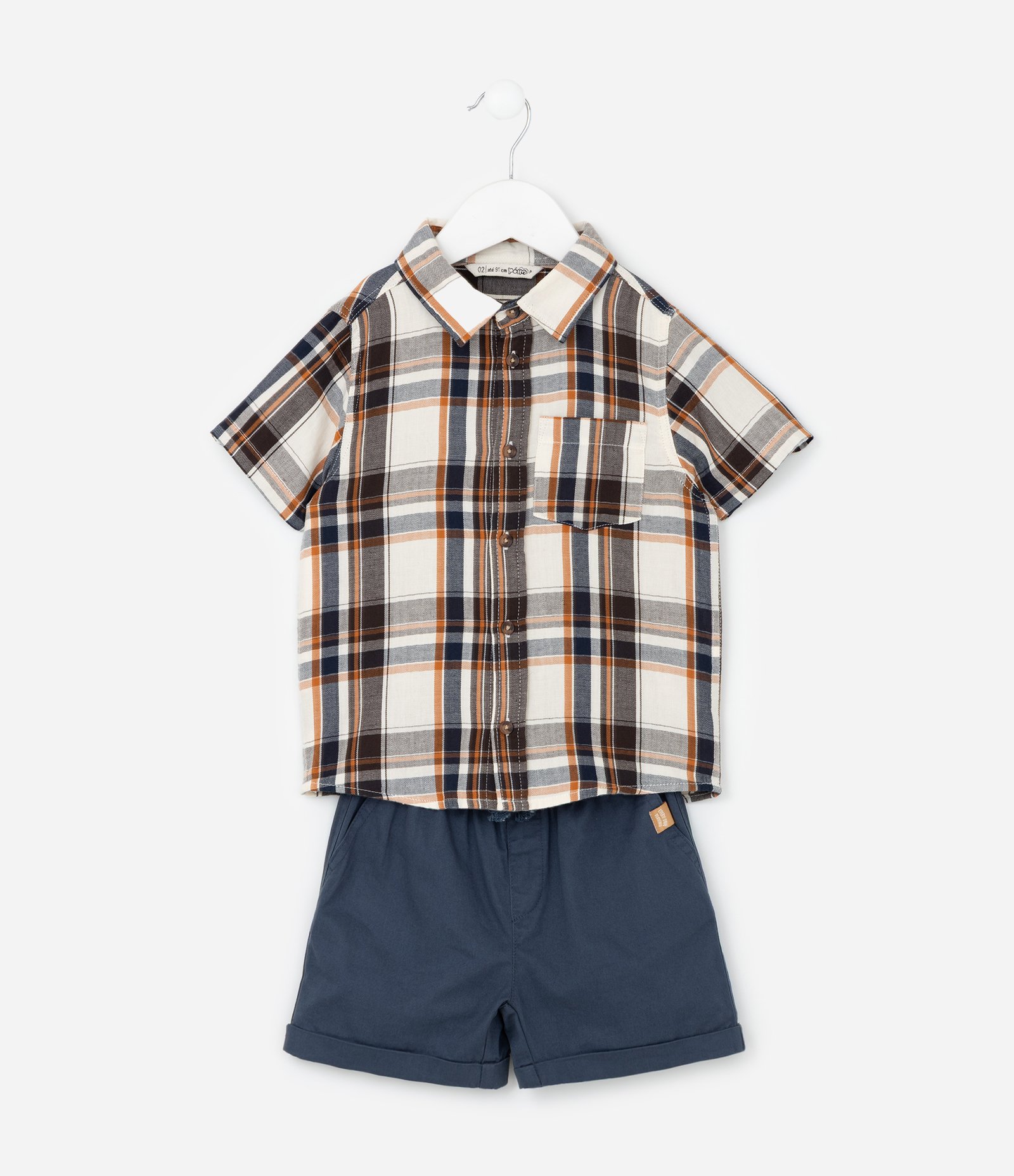 Conjunto Infantil com Bolsinho e Estampa Xadrez - Tam 1 a 6 Anos Bege/Azul 1