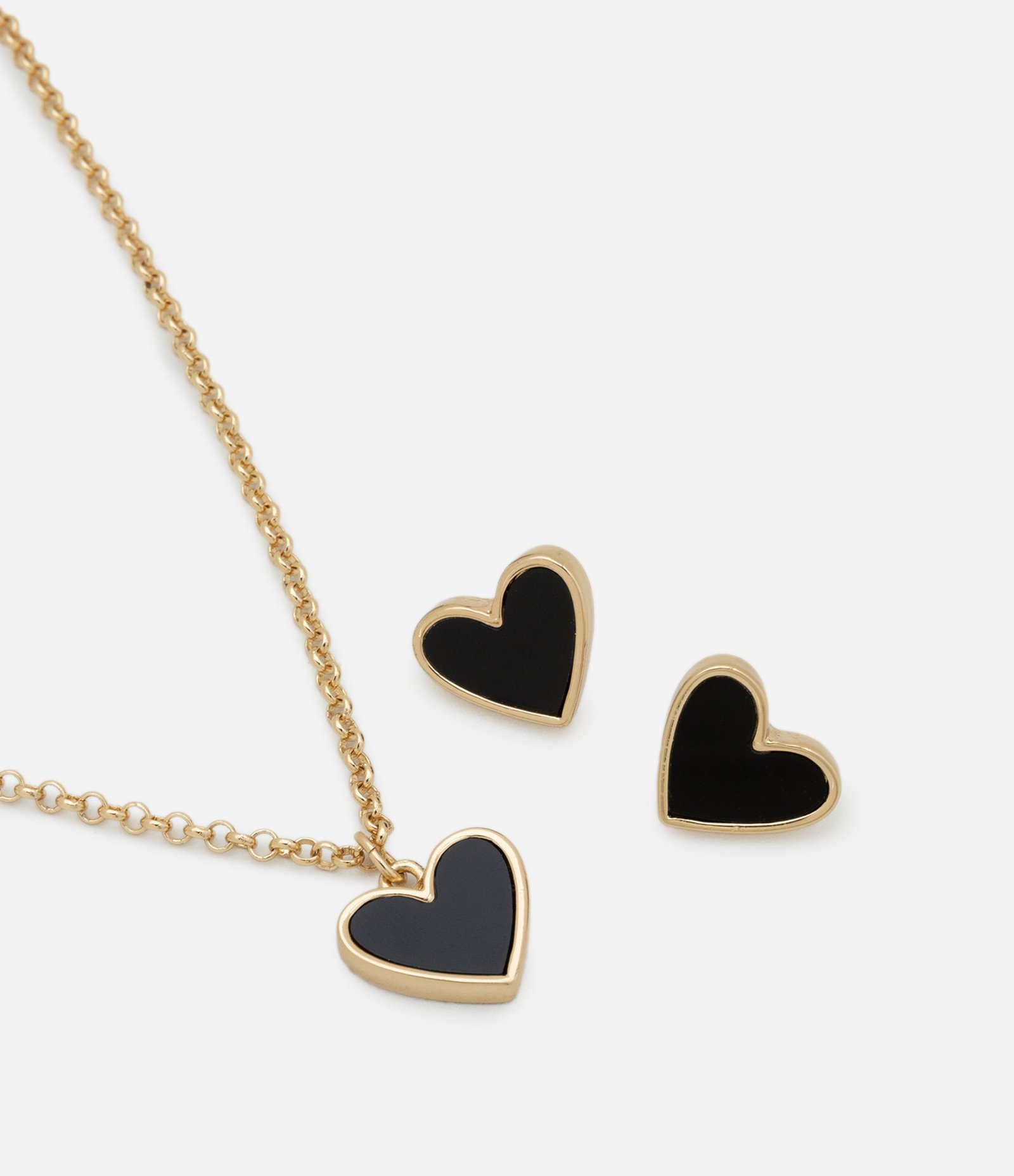 Conjunto de Colar e Brincos com Corações Esmaltados Dourado/Preto 1