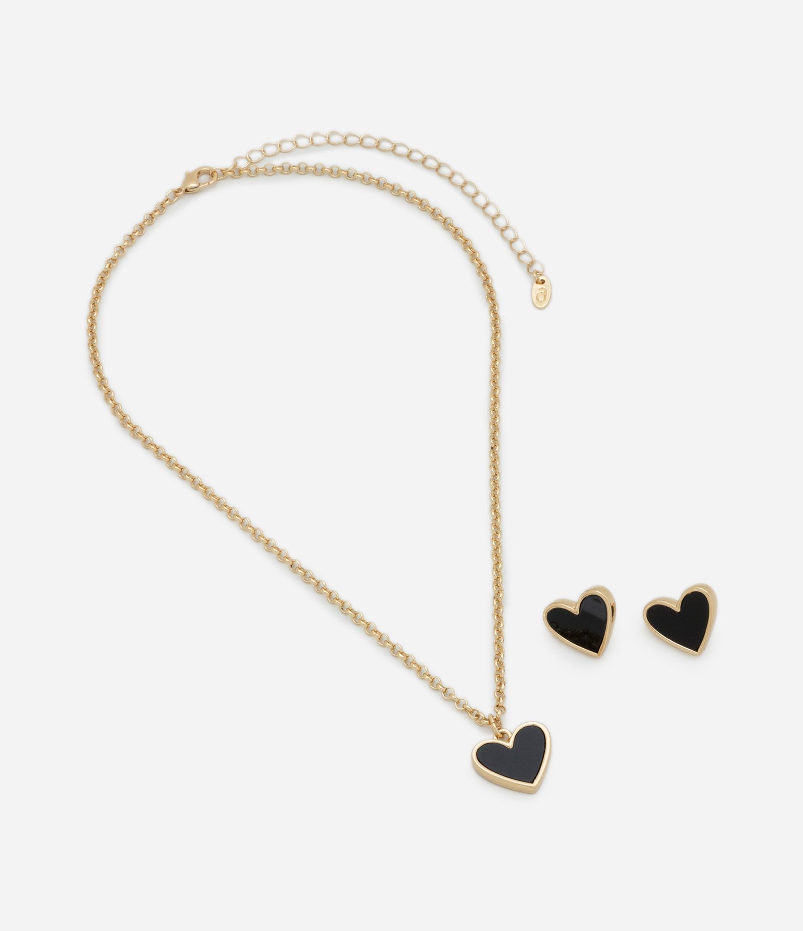 Conjunto de Colar e Brincos com Corações Esmaltados Dourado/Preto 2